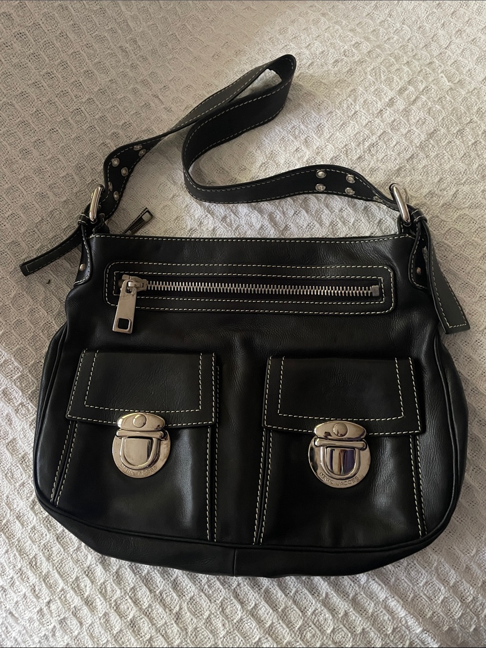 Marc Jacobs Black Leather Shoulder Bag with Silver Hardware